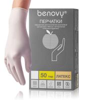Перчатки латексные BENOVY размер L, смотровые опудренные гладкие натуральные, комплект 50 пар 